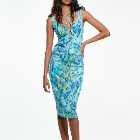 ZARA RETRO LAVA PRINTED STRETCH BANDAGE KNIT JACQUARD MIDI DRESS - Picture 10 of 11
